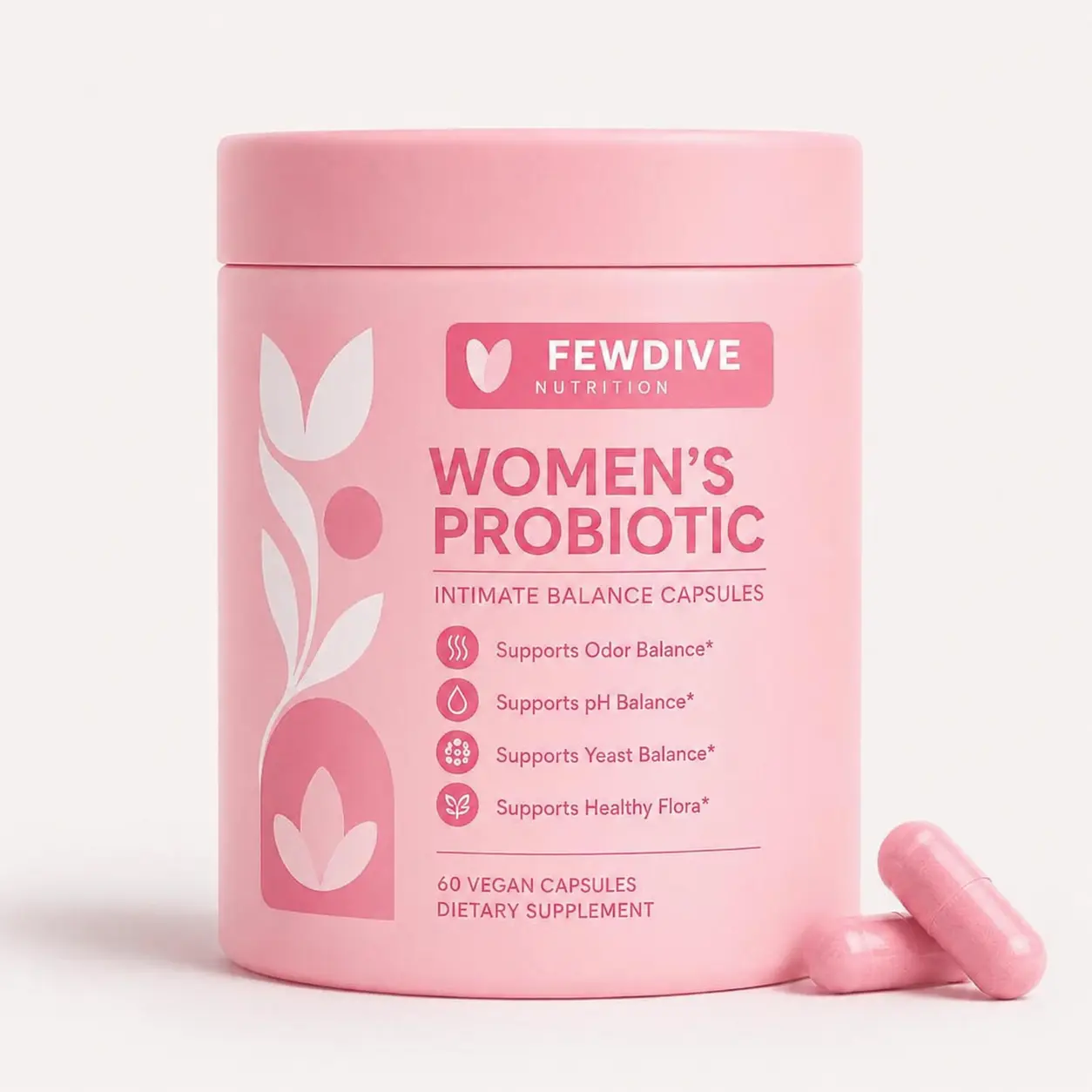 FEWDIVE Women’s Daily Probiotic Capsules, Clean Vegan Formula for Feminine Wellness Support, 60 Capsules