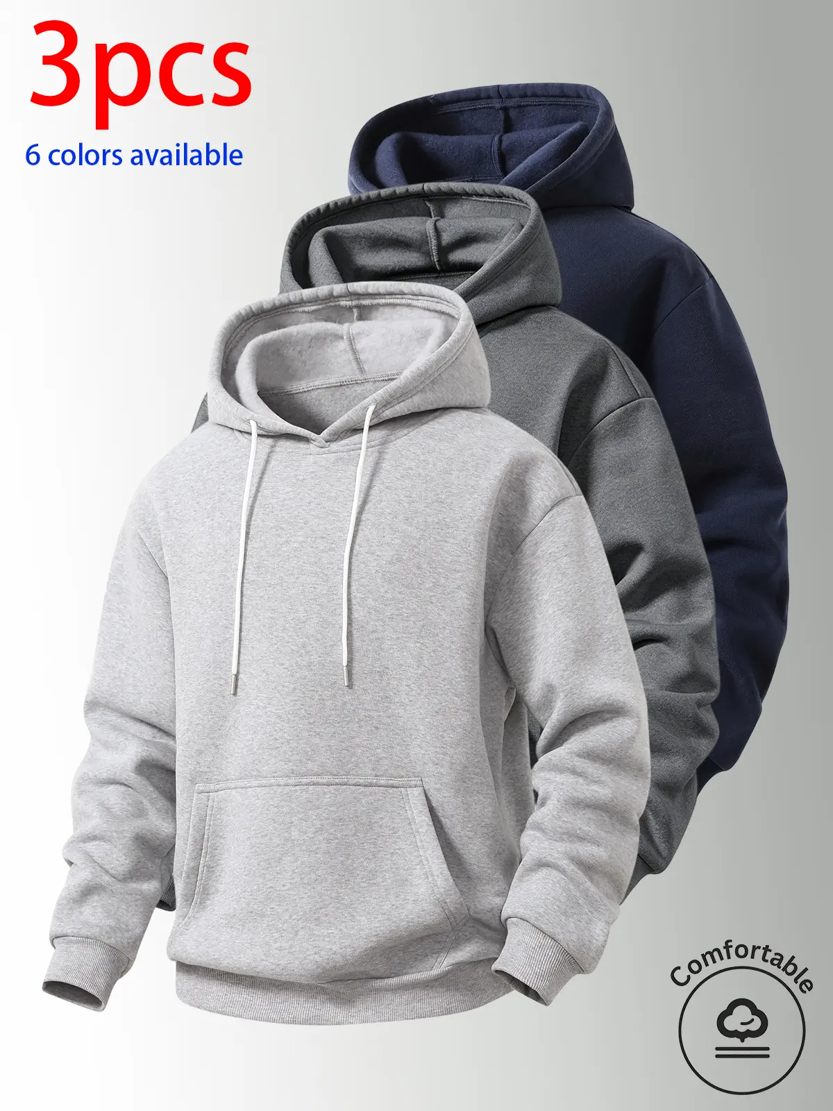 3-pack: men’s hooded sweatshirt, men’s sweatshirt. Loose fit with drawstring kangaroo pockets—super practical. Soft, comfortable, skin-friendly fabric. Simple solid-color design, available in multiple colors. Suitable for daily commuting, shopping, home w