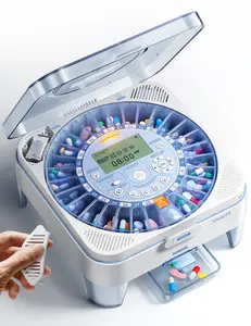 28-Day Automatic Pill Dispenser – One-Press Daily Dispense, Easy-to-Use Slide-Door Cup, Sound & Light Alerts, Moisture-Proof Dual Desiccants, Large Compartments for Tablets & Capsules