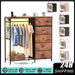 6-Drawer Fabric Clothing Storage Cabinet with Hanging Rack, Reversible Tall Drawer Storage Cabinet for Kids’ Bedroom, Sturdy Frame, Lockers, Shelves, LED-Lit Charging Stations, Clothing Storage Cabinets