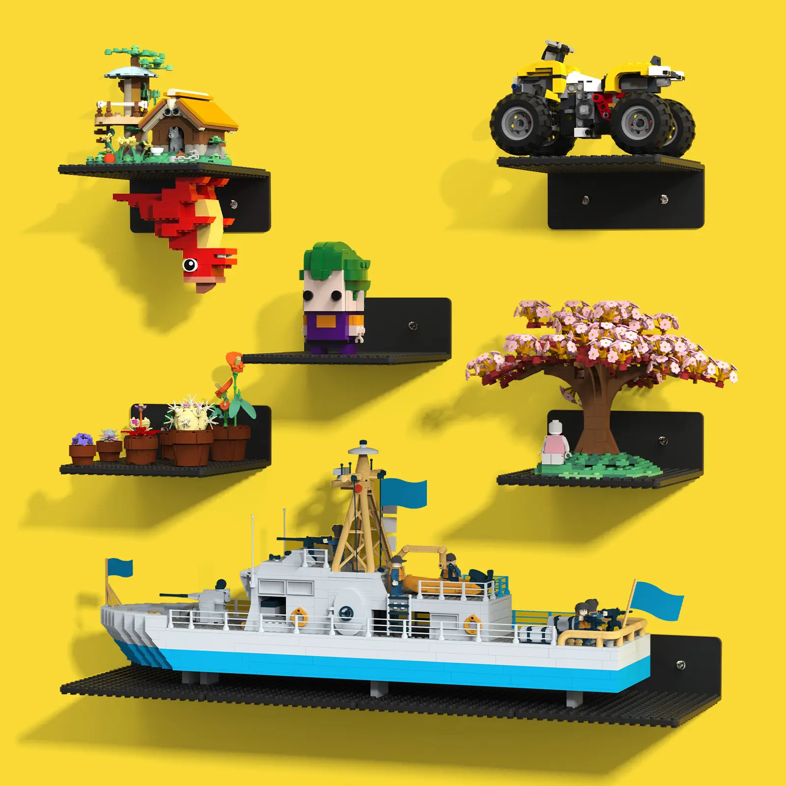 BlissBox ABS 9-Pack Building Block Display Floating Shelves, 16x17 Studs Double-Sided Hanging Wall Mount Compatible Shelves for Minifigures & Collectibles, Minimalist Room Decor, Ideal Gift