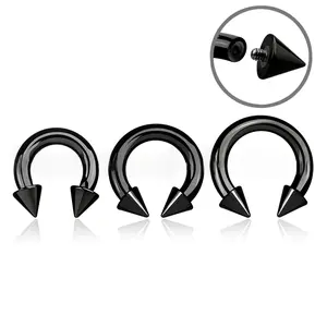 12G to 00G Circular Barbell Surgical Steel PVD Black Horseshoe Ring with Spikes