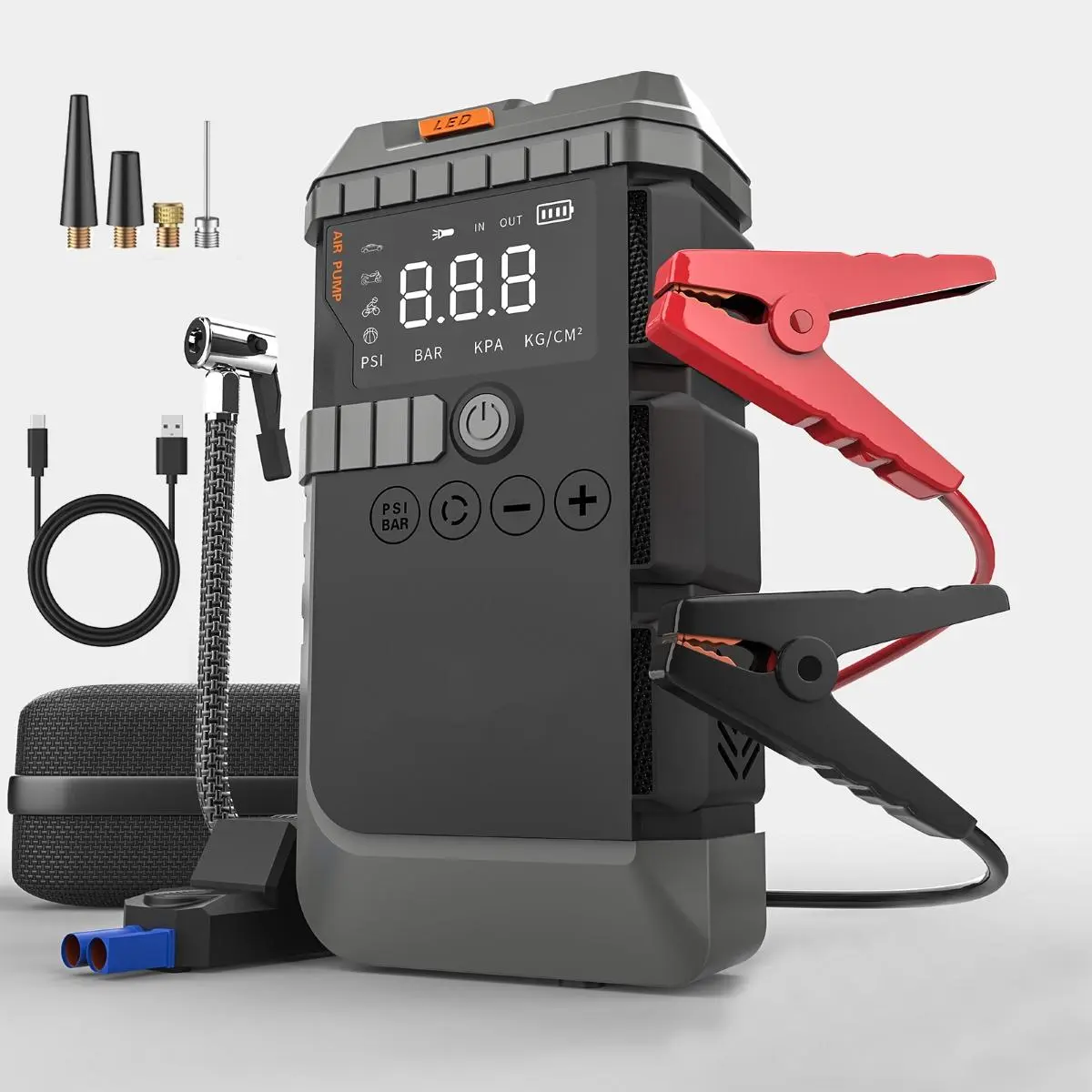 Soulor  5-in-1 Portable Car Jump Starter Battery Booster Tire Inflator Power Bank with LED Emergency Light for Road Trip Emergency, 160 PSI Air Compressor and 10-Layer Smart Protection