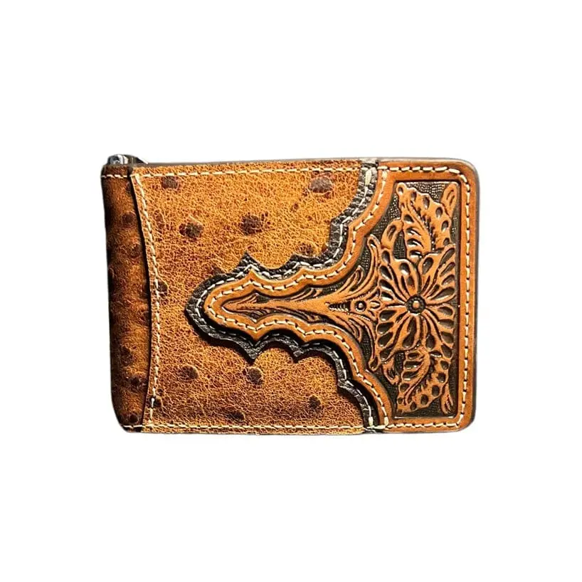 Ariat Men’s Bi-Fold Wallet – Ostrich Pattern Leather with Floral Embossed Tab, Western Wallets, Genuine Leather Wallet