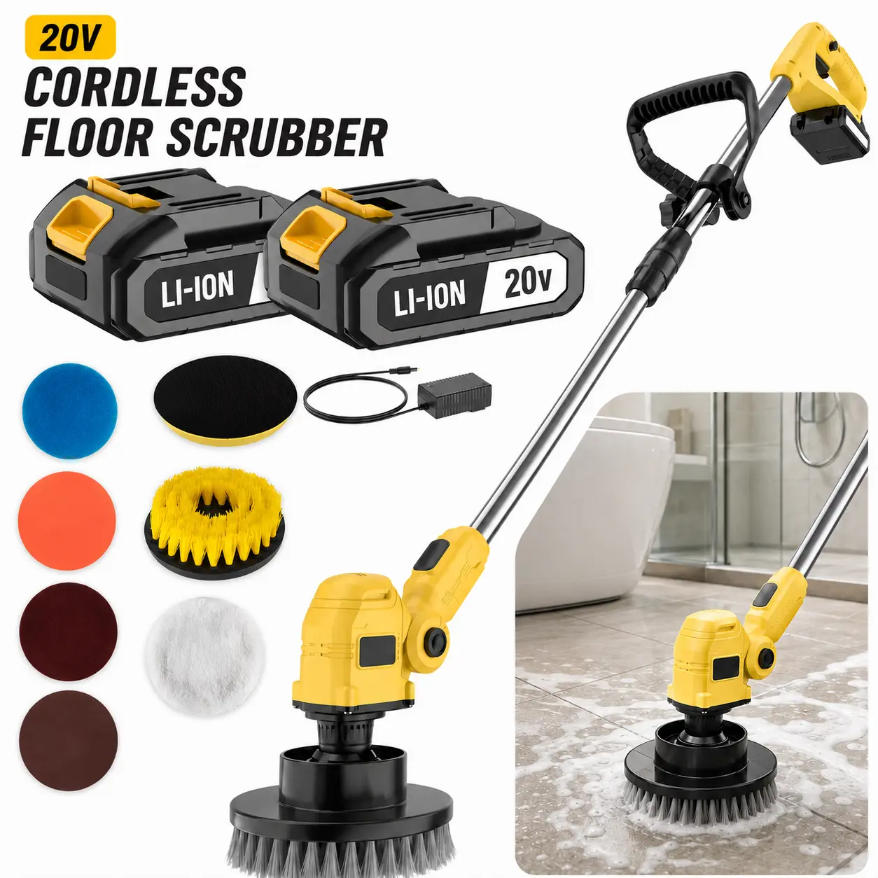 20V Cordless Electric Spin Scrubber - Cordless Floor Scrubber with Long Adjustable Extension Handle, Rechargeable Household Cleaning Tool, Multiple Brush Heads & Pads for Bathroom Tile, Home Kitchen