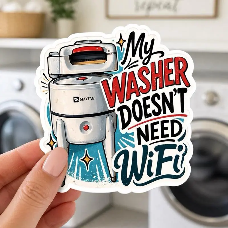 Retro Appliance Humorous Laundry Sticker My Washer Doesn't Need WiFi Glossy Vinyl Sticker for Laptop Journal Planner or Washer Room Wall