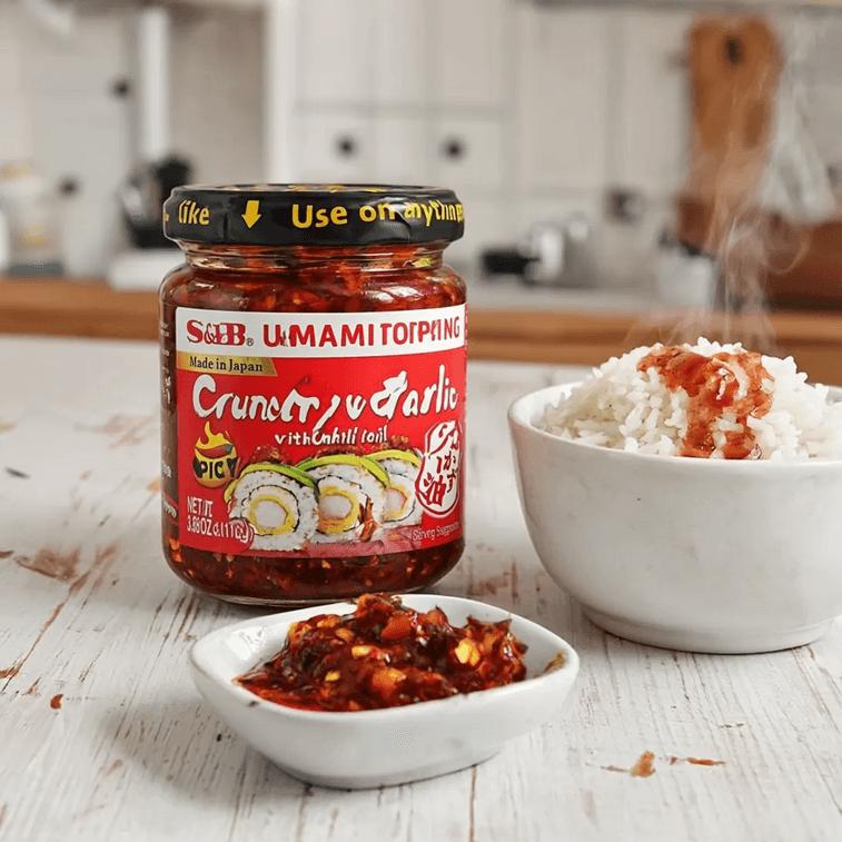S&B Umami Topping Crunchy Garlic with Chili Oil Offers The Best Value And Is Ideal For Families-6 & 4 & 1 Pack  Mild &Spicy Flavor Dip Garlic Rice Sauce 110g Each Random Packaging Salt Made in Japan - Marinade