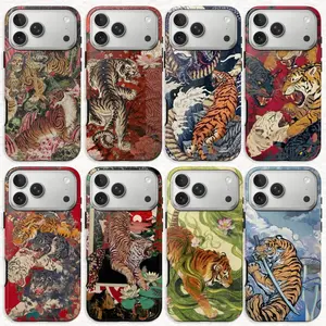 Vintage Chinese Tigers Phone Case, Cute Tiger Collage, Japanese Traditional Art Print Big Cat Case for iPhone 17-11 & Samsung S25-21 Durable Shockproof Protective Cellphone Protector