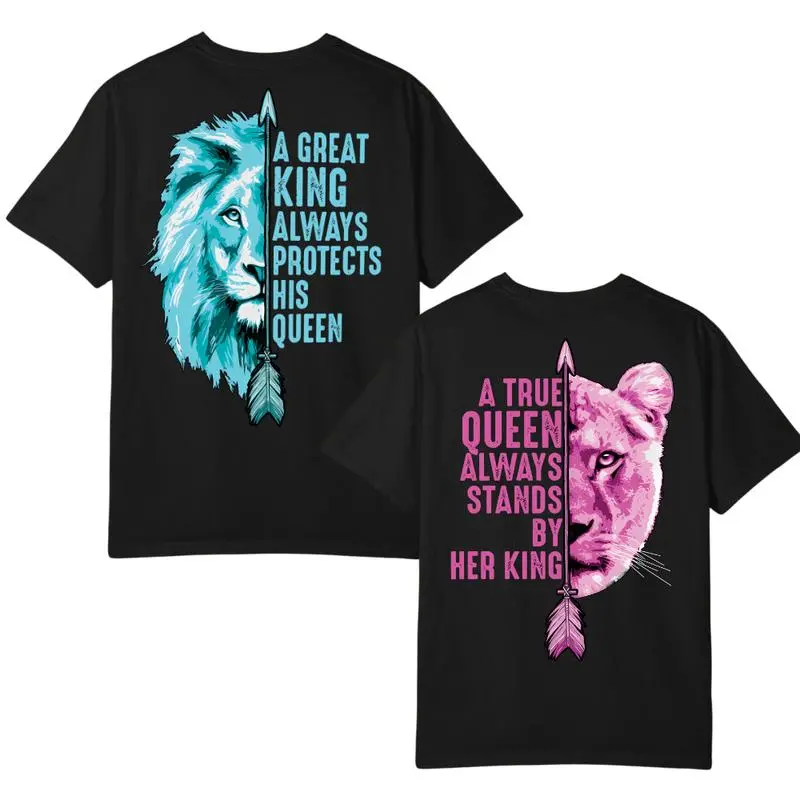 Couples Matching T-Shirt, Retro King & Queen Printed Graphic, Soft 100% Cotton Crew Neck Top for Adults, Couple Gifts, Round Neck, Tshirt, Casual, Sweat Shirt, Shortsleeve, Menswear, Thanksgiving