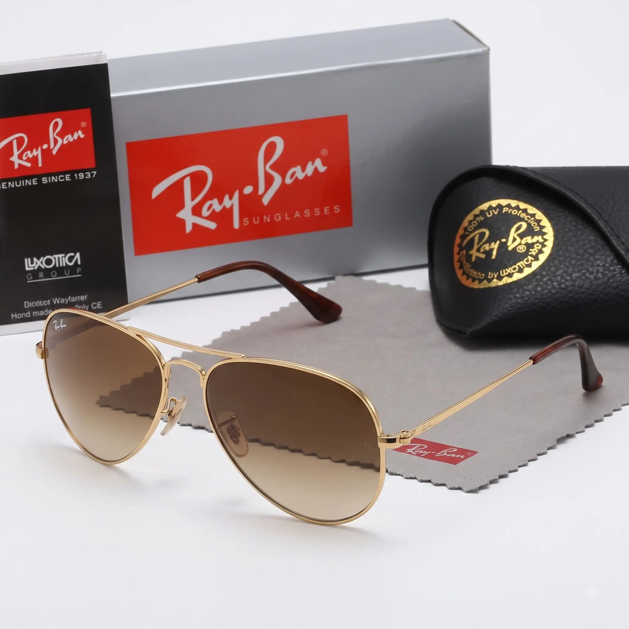 [Buy 2 get 1 ] Ray-Ban Gold Metal Aviator Sunglasses Classic Pilot Design Brown Gradient Fashion Glasses for Men Women