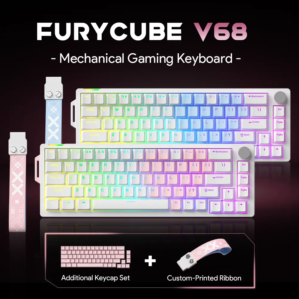 FURYCUBE V68 Creamy Mechanical Gaming Keyboard Set, 65% Compact 68-Keys, RGB Backlit, Hot-Swappable Switch, Knob, Type-C Wired, Full Key Anti-Ghosting, Ergonomic Design, Manual Included, for Gaming/Office, Windows Laptop PC Mac Android, Custom Gift Option