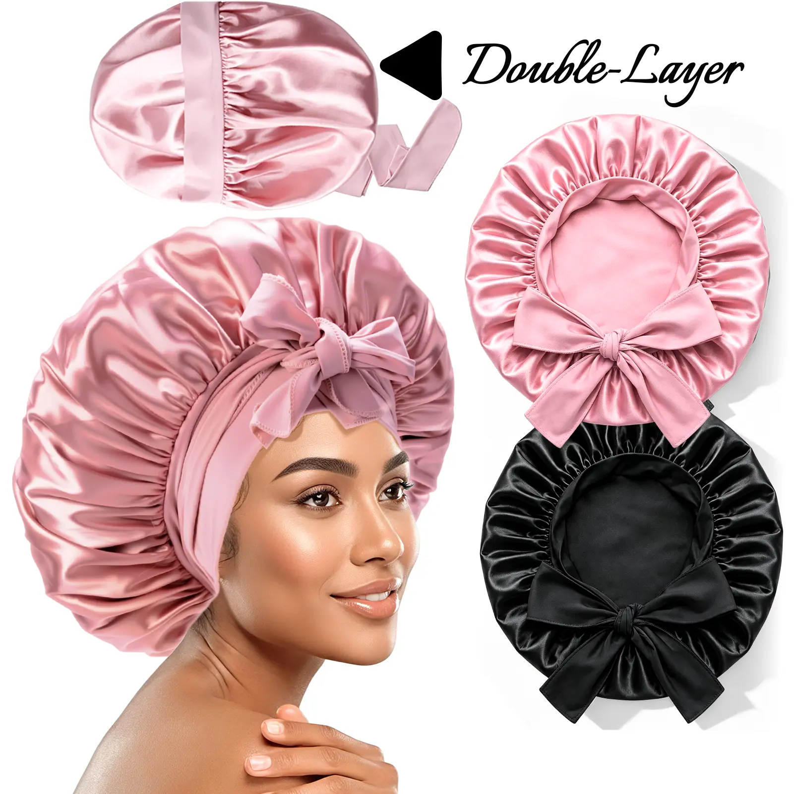 2 Counts Satin Bonnet for Sleeping Silk Hair Bonnet with Tie Band Protects Curly Hair Frizz-Free Sleep Cap for Women Pink Heatless Styling Tools