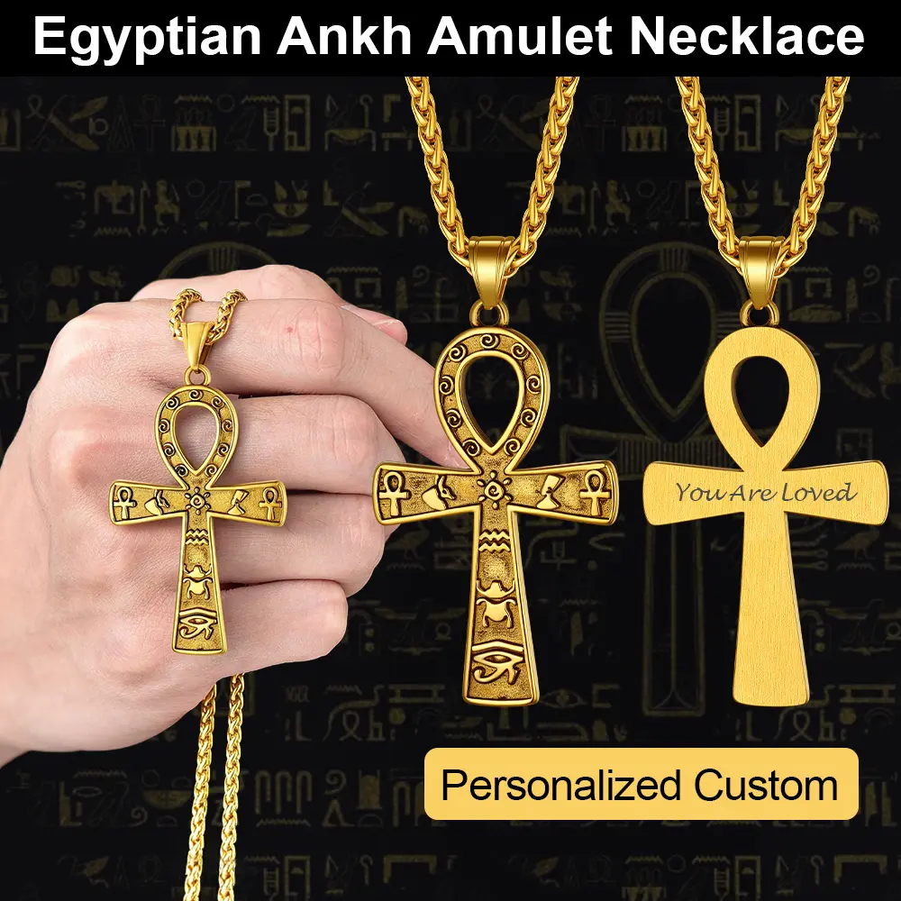 【Add note or leave message】U7 Egyptian Ankh Cross Pendant Personalized Custom Necklace Summervibe Gift Ancient Egyptian Coptic Cross Hypoallergenic Stainless Steel Necklace Amulet Jewelry Gift for Men Women