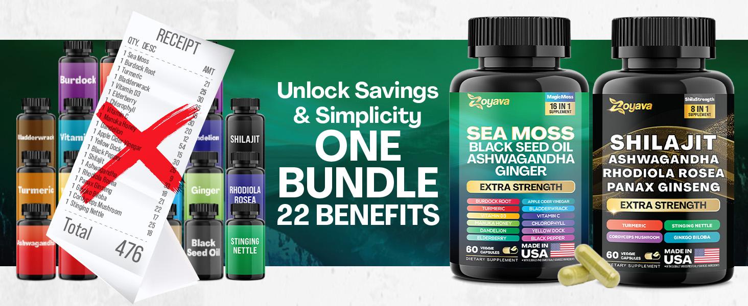 Dynamic Vitality Bundle - Zoyava Sea Moss & Shilajit Supplements - All-in-One Multivitamin Combo with Extra Strength Ingredients - MADE IN USA