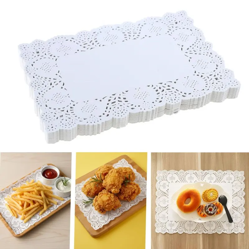 300 Pcs White Disposable Antique Lace Rectangular Paper Doilies - 13.8in x 9.8in Tabletop Placemats for Tea, Cake Desserts, Wedding Tableware Decoration