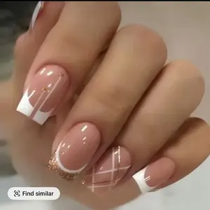 24pcs Medium Long Press On Nails Square Fake Nails With Bling White Golden Grid Designs - Nail Art, Nail Care