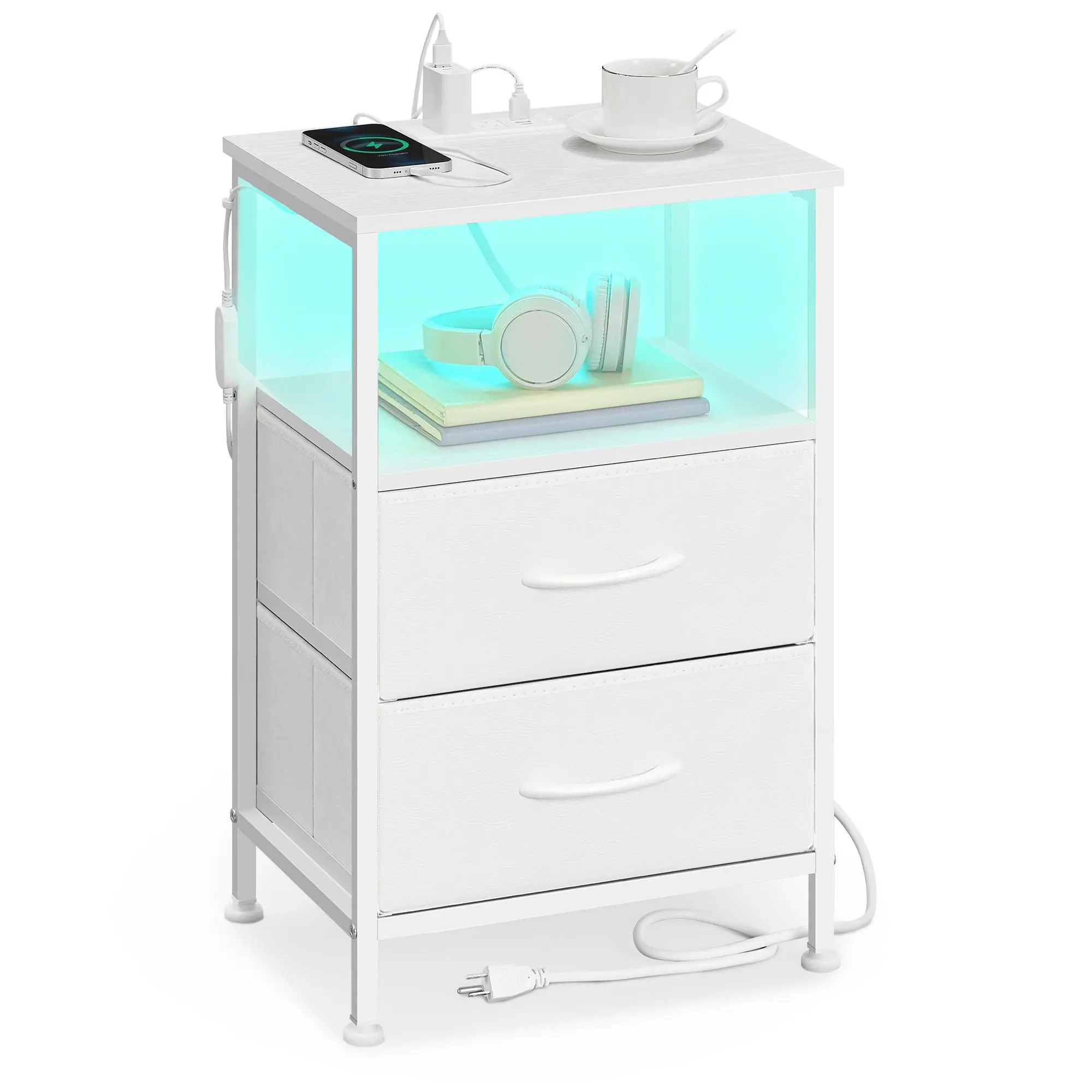 SONGMICS BELLAH Collection Durable Nightstand with Built-in AC and USB Ports Charging Station, App-Controlled Adjustable LED Lights, 2 Drawers, 1 Open Shelf - Assembly Required Modern Bedroom Furniture, Room Decor, Bed Accessories, Things for Rooms