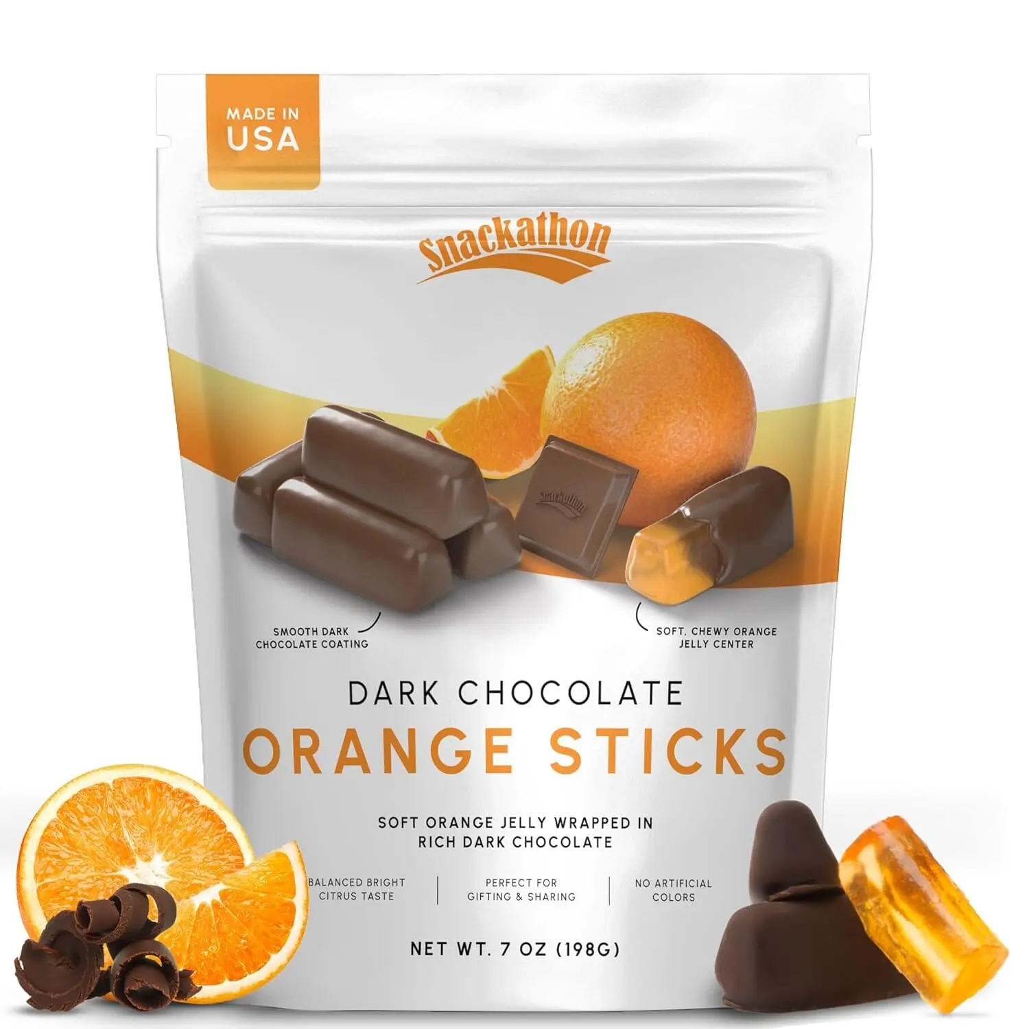 Snackathon Dark Chocolate Orange Sticks, Resealable Bag, Soft Chewy Orange Jelly Centers Covered In Rich Dark Chocolate, Gourmet Fruit Candy For Gifting & Holidays, Made in USA