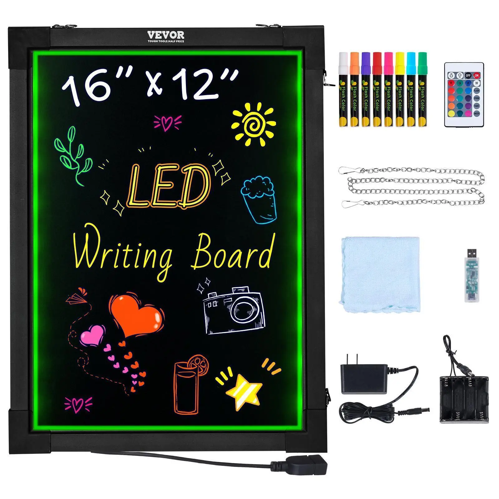 【Backtoschool】VEVOR LED Message Writing Board, 16"x12" Illuminated Erasable Lighted Chalkboard, Neon Effect Menu Sign Board, Drawing Board with 8 Fluorescent Chalk Markers and Remote Control, for Home Wedding Shop