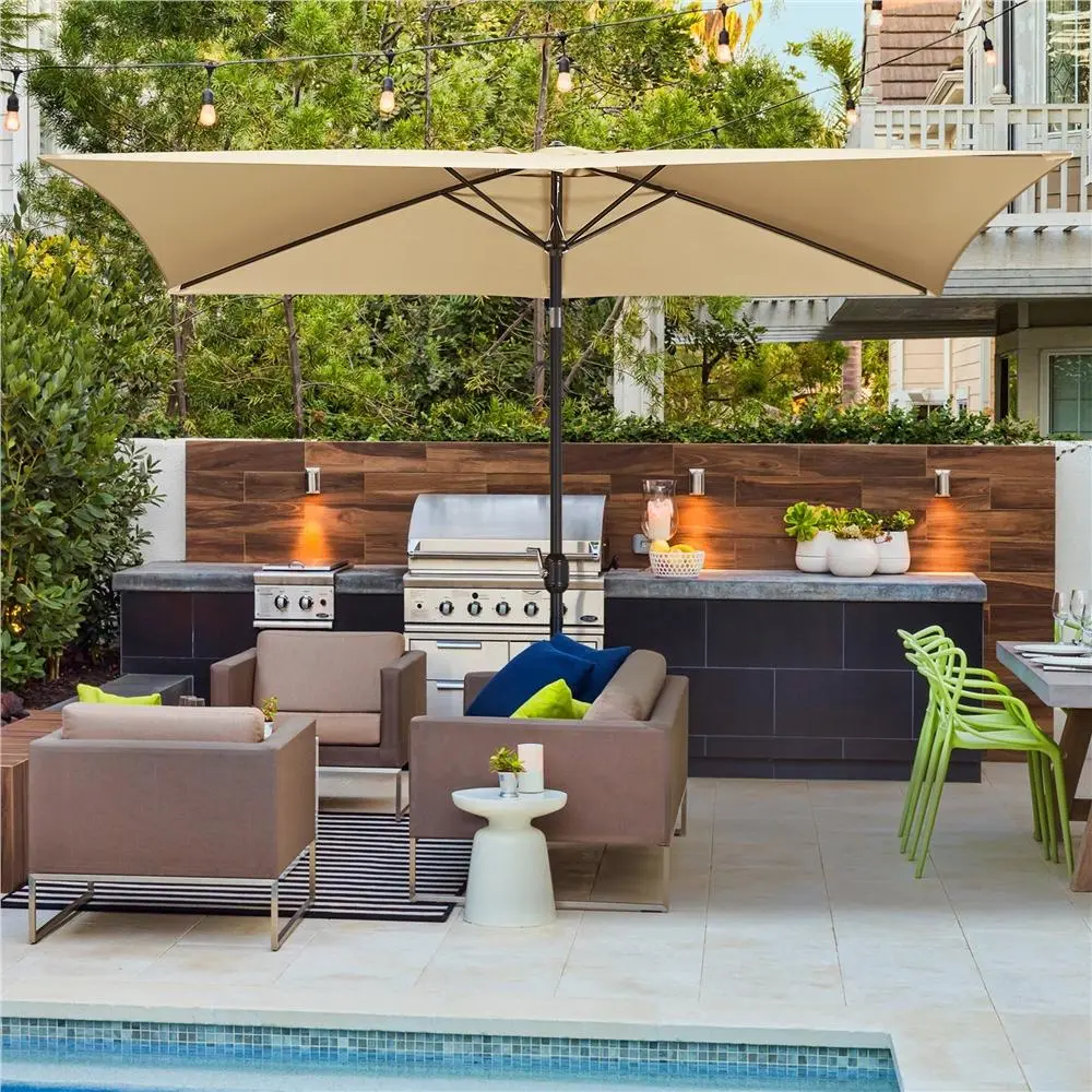Costoffs Sturdy Stable Aluminum Retractable Outdoor Patio Umbrella - 6.5x10ft Vented Rectangular Canopy, Crank Lift, Sun-Chasing Tilt, UV Protection, Waterproof, Iron Accents, Garden Use, Shades 4-6 People Table/Pool Loungers, Assembly Required