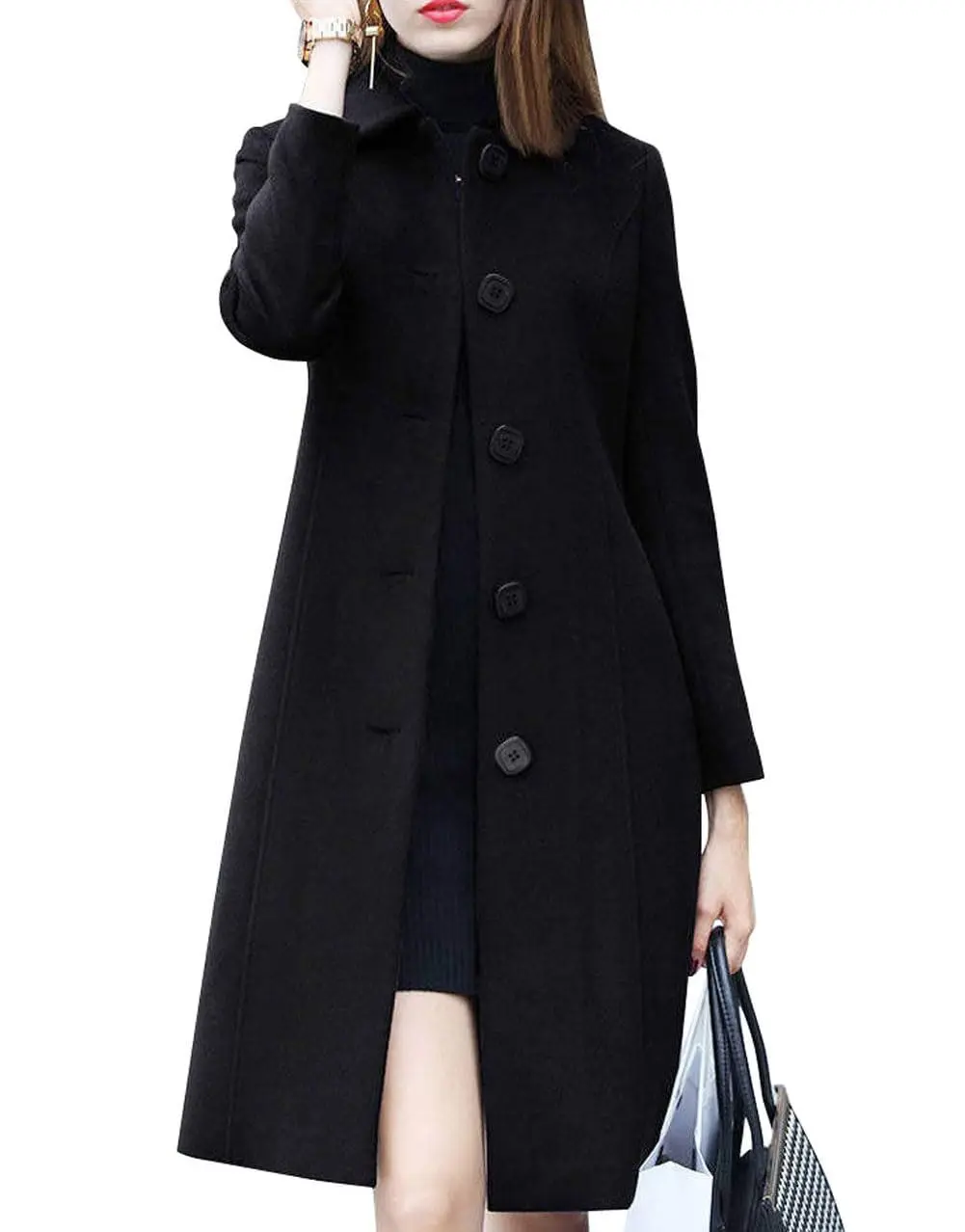 Chouyatou Women's Comfy, Feminine, Simple-Fit Fall Winter Single-Breasted Long Wool Overcoat, Versatile for Pairing with Pants, Skirts, Tops, Sweaters to Elevate Your Style, Jackets, Solid, Long Sleeve, Elegant, Lady, Button, Casual, Sweatshirts, Intervie