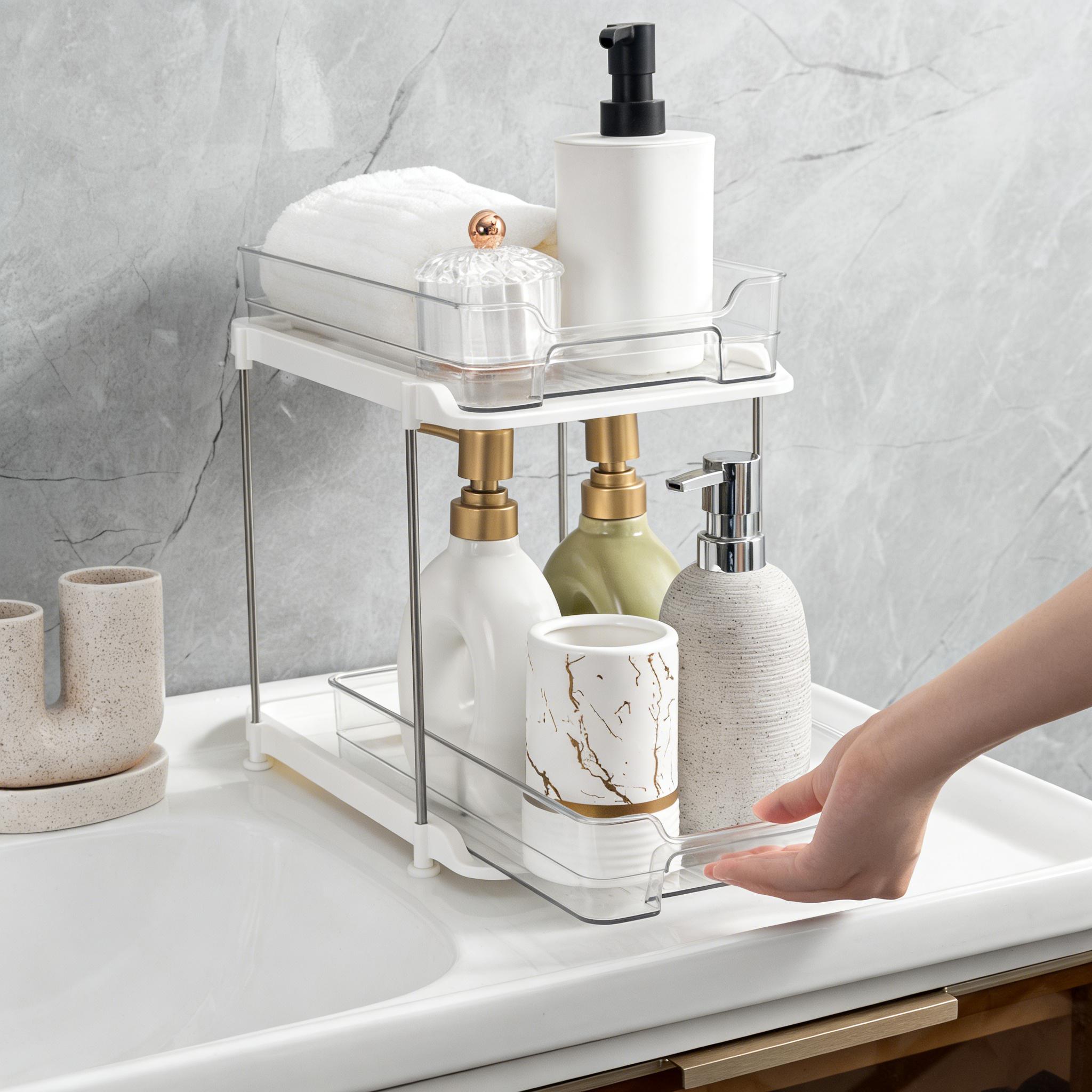 UFORU Two-Tier Multifunctional Under-Cabinet Bathroom Storage Rack, Stackable Kitchen Organizer System with Adjustable Dividers & Pull-Out Medicine Box for Efficient Bathroom Supplies Storage