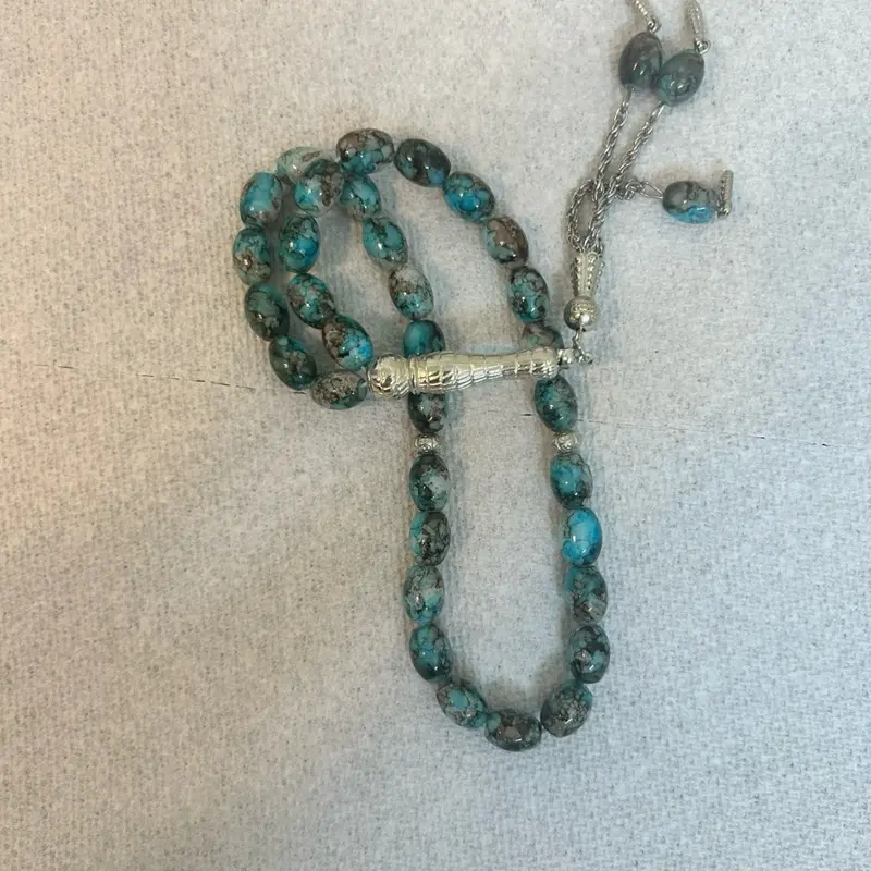 Tasbih Tesbih Islamic 33 Prayer Beads, Muslim Islam Subha Sebha Worry Beads, Misbaha Masbaha Tasbeeh Sibha Beads, Allah Mohammed Ramadan Rosary, Tasbih Beads are blue shades and Silver Tassel