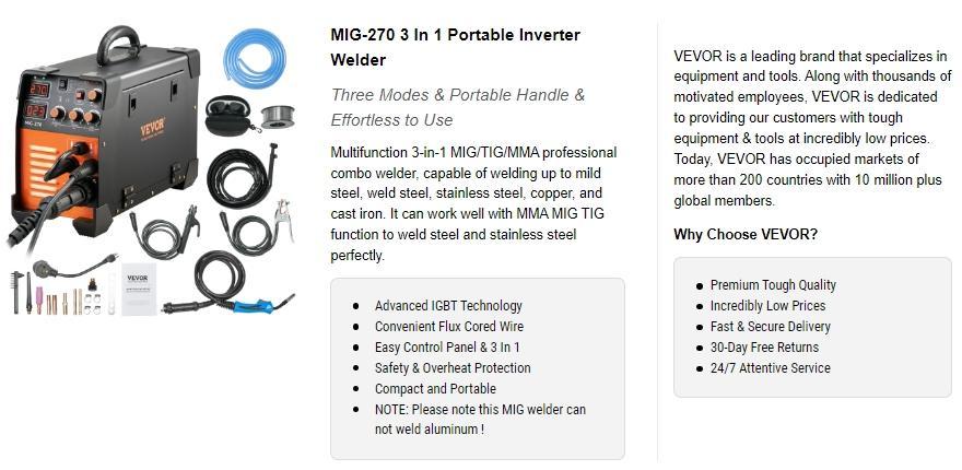 VEVOR MIG Welder, TikTokShopBlackFriday, 130-270A Flux Core Welder, 3 in 1 Combo MMA/MIG/LIFT TIG Welder Machine, Portable MIG-130 Welding Machine IGBT Inverter, Automatic Wire Feeding Welder for Stainless Steel