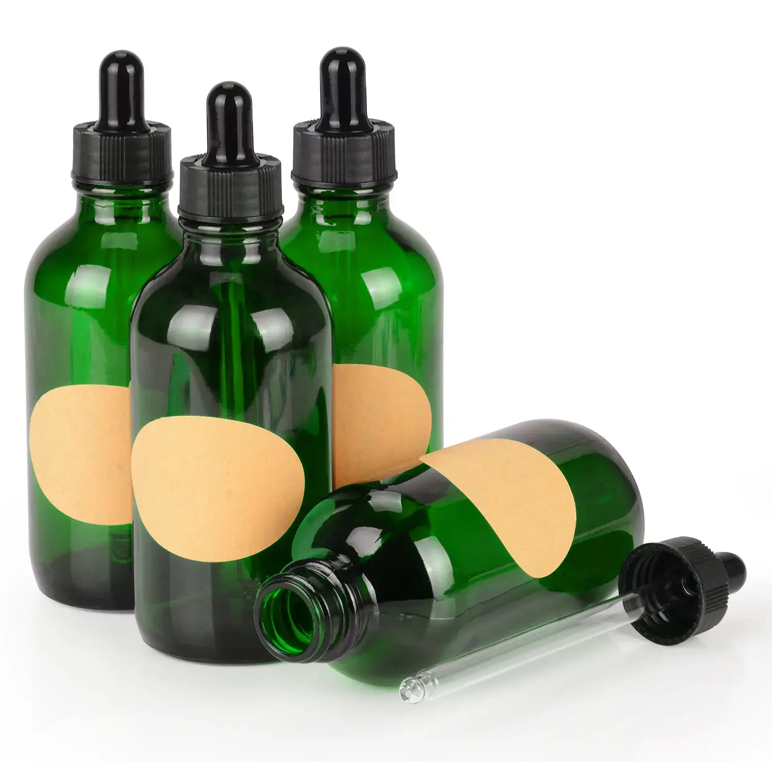 Eco-Friendly Ribbed Green Glass Dropper Bottles with Rubber Bulb, Inner Plug and Modern Label, 15-120 ml Home Organizer Storage Jars