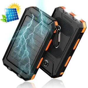 Solar Charger Power Bank 10000mAh Solar Phone Charger, Portable Charger Fast Charger Dual USB Ports Built-in LED Flashlight and Compass, IP65 Waterproof Portable Power Bank for Outdoor Activities
