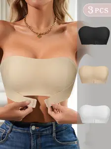 Ecomilky Strapless Front-Closure Push-Up Bra 3-Pack, with Removable Transparent Shoulder Straps — Comfortable, Fashionable Women’s Lingerie for Daily Wear and Brides — ,Minimalist Style, Smooth Texture, Push-Up D ice silk bandeau Breathable Bra nonslip