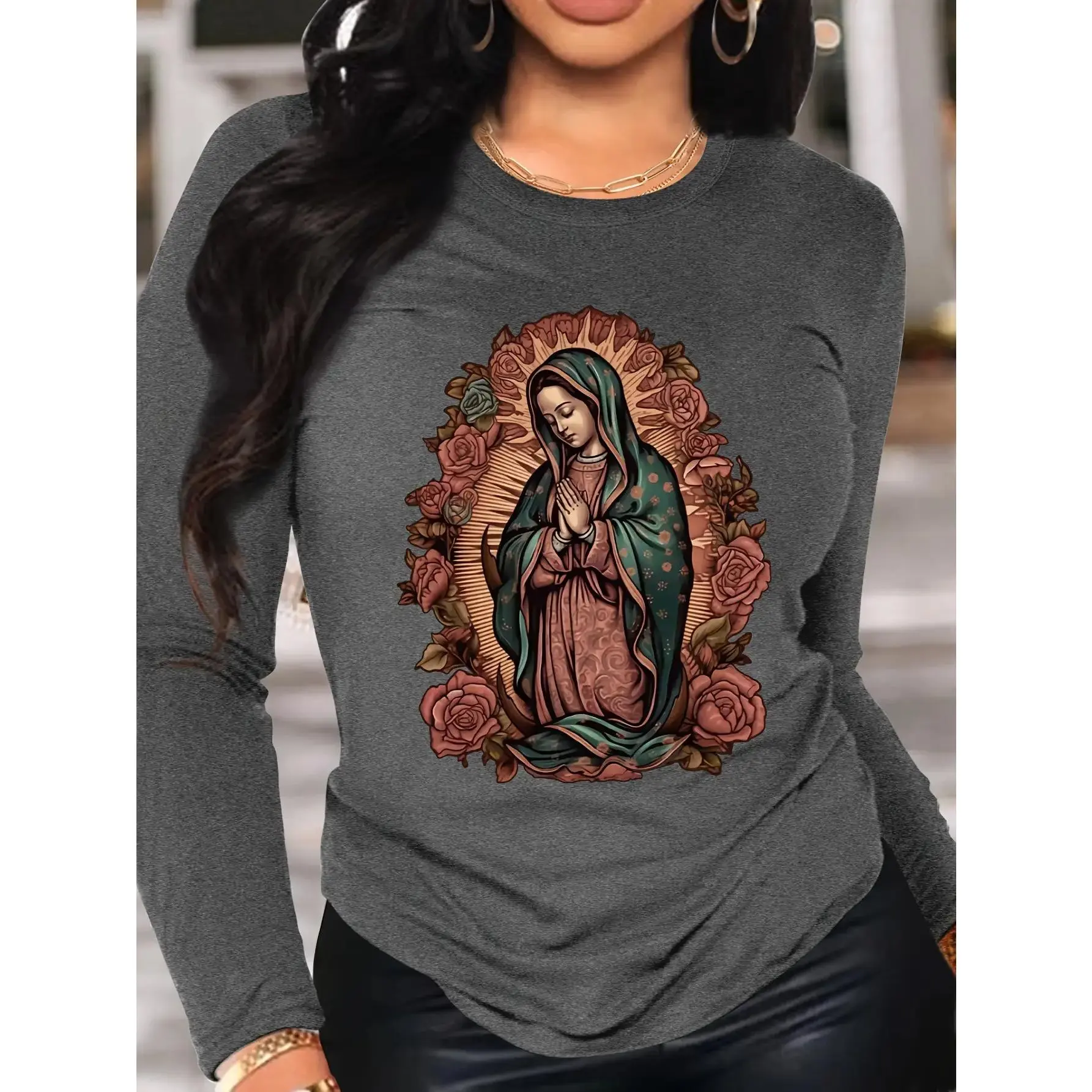 Women's Fitted Long-Sleeve Round Neck T-Shirt - Religious Virgin Mary & Roses Graphic, Inspirational Elegant Top for Church Gatherings, Vintage Faith-Inspired Tee, Longsleeves, Tshirt, Everyday, Party, Casual, Graphic Print, Colorful Religious Icon Graphi