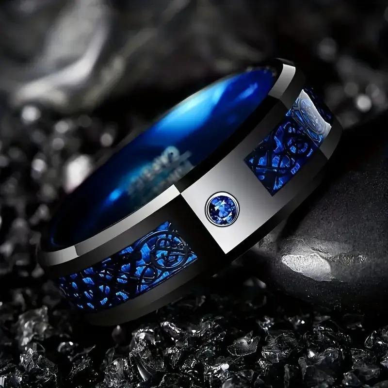 Men's Stainless Steel Dragon Ring with Blue, Red or Green Carbon Fiber Inlay, Metal Coating Fashion Jewelry for Daily Wear, Sizes 7-13, Dragon Motif, Fashion Accessory