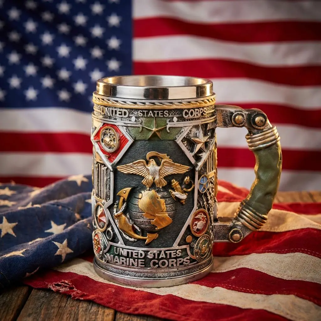 Marine Corps Military 3D Resin Coffee Mug Tribute Style Collectible Drinkware Gift for Marines Veterans Men Dad Husband Patriotic Military Theme Mug Perfect for Holidays Birthdays Special Occasions Desk Decor Great Gift for Men perfect cup