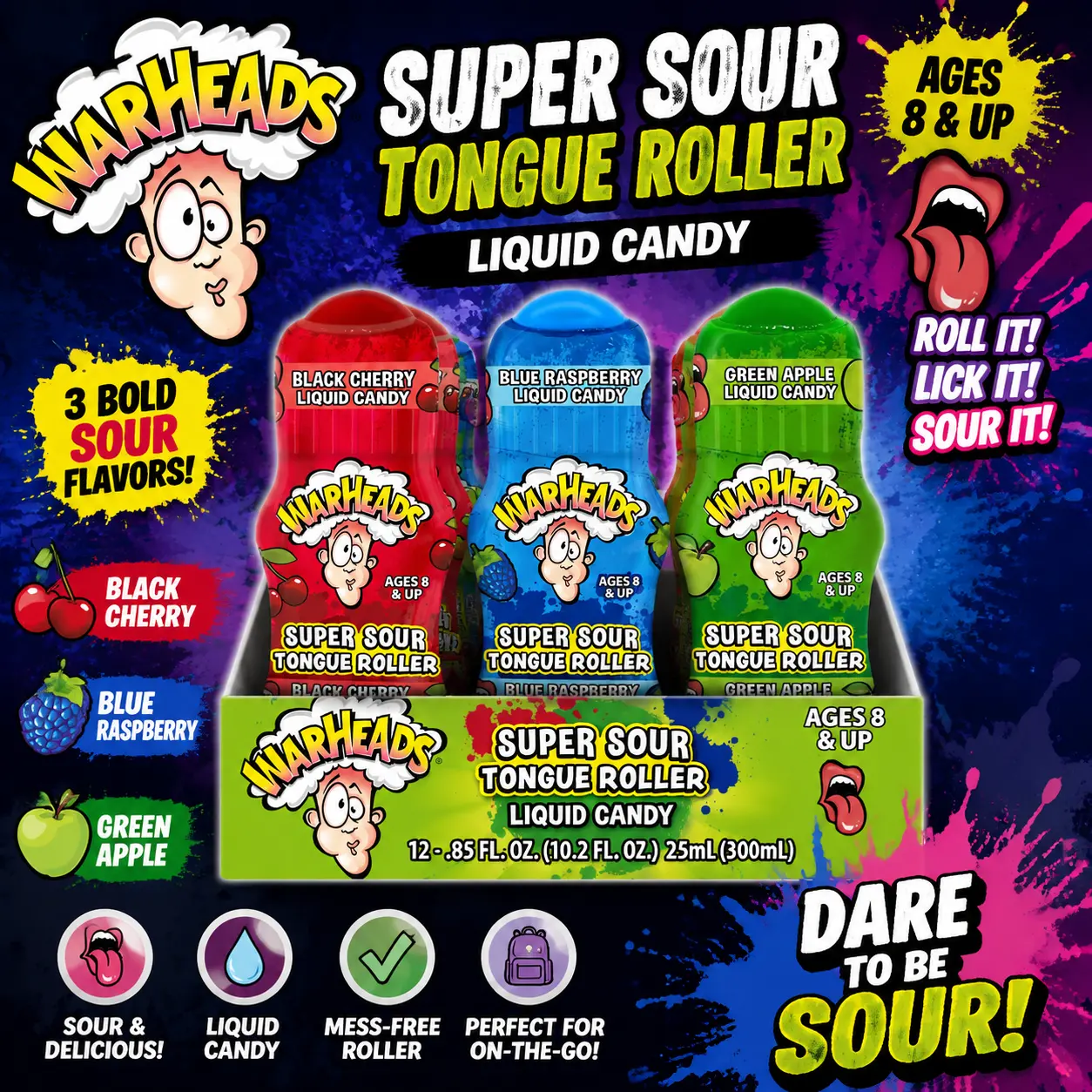 Warheads Tongue Roller Candy 12 Count  Extreme Sour Liquid Candy Rollers | Fun Sour Treats for Parties, Gifts & Candy Challenges