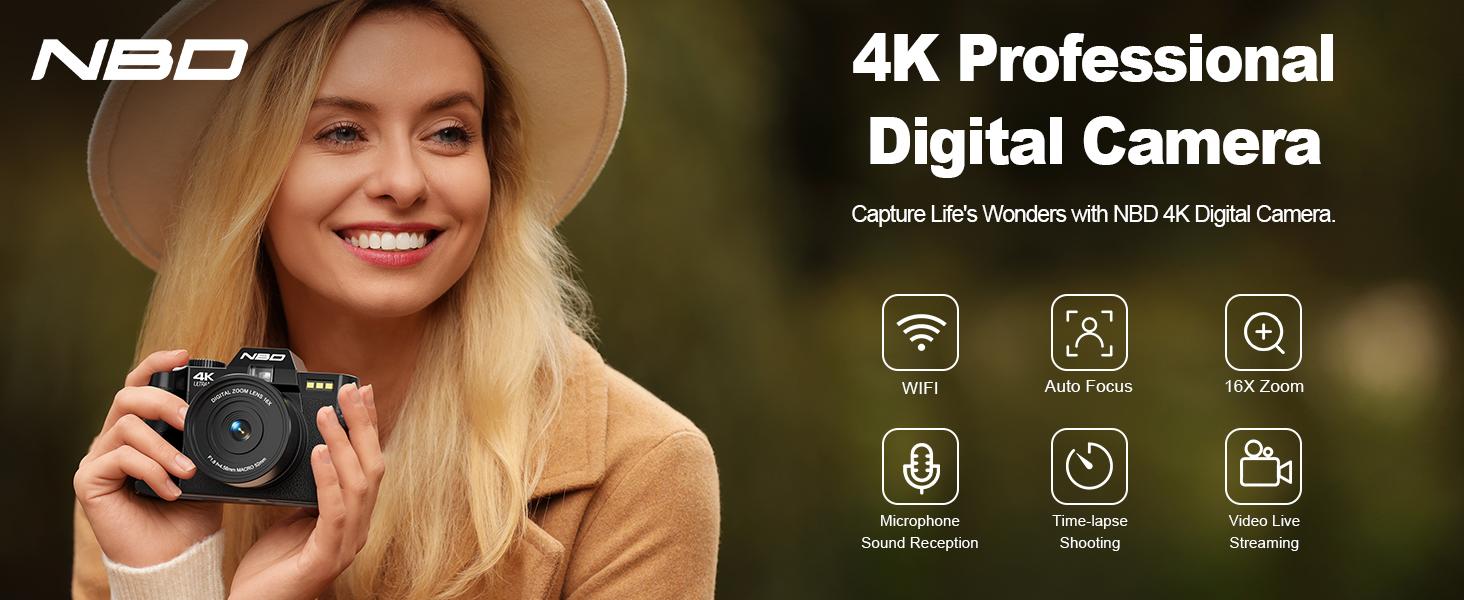 NBD S100 Digital Camera 48MP 4K 180° Flip Screen 16X Digital Zoom 2 Batteries Easy Setup Auto Focus for Beginners PC Camera Enthusiasts Black Pink digital cameras Wireless Compact