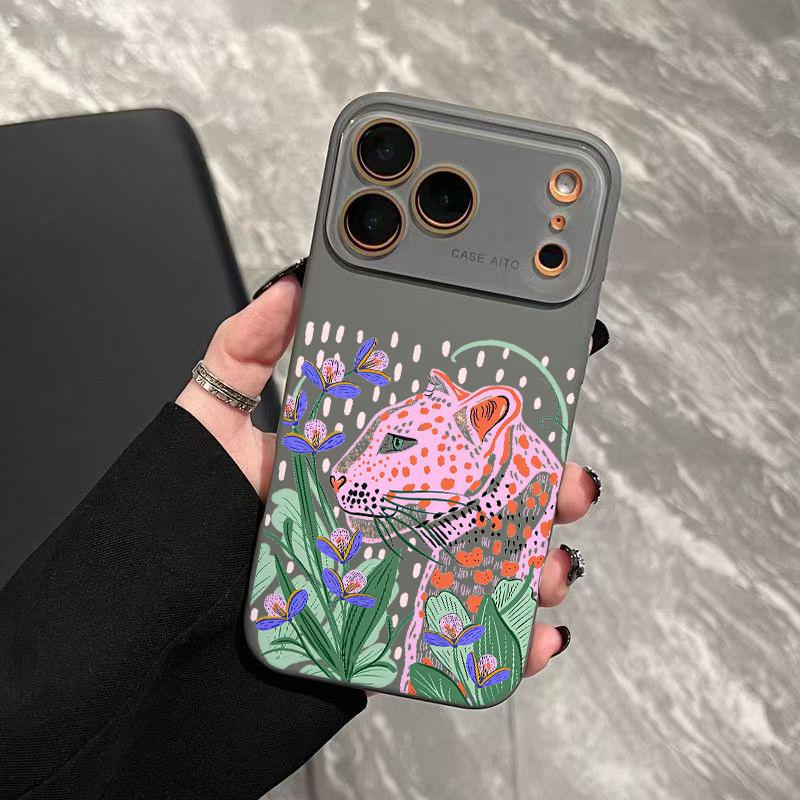 Pink Leopard Art Case for iPhone 17 Pro Max 17Air 17 16E 16 15 14 13 12, Ultra Skin-Friendly TPU, All-Inclusive Glass Lens Protection, Aesthetic Leopard Print Gift, Dopamine Ins Style Solid Color Cover, Shockproof Slim Case, Lens Window Design