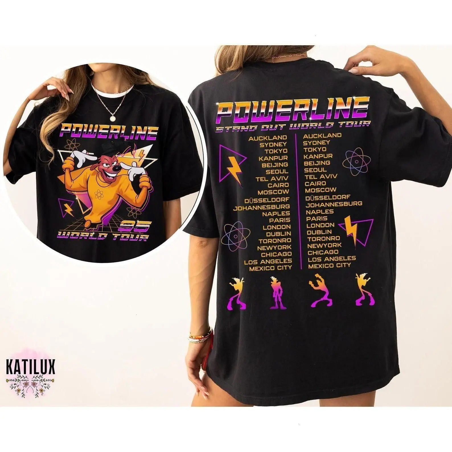 2-sided Powerline 1995 T-shirt - A Goofy Movie Shirt - Powerline Stand Out World Tour Shirt Tee