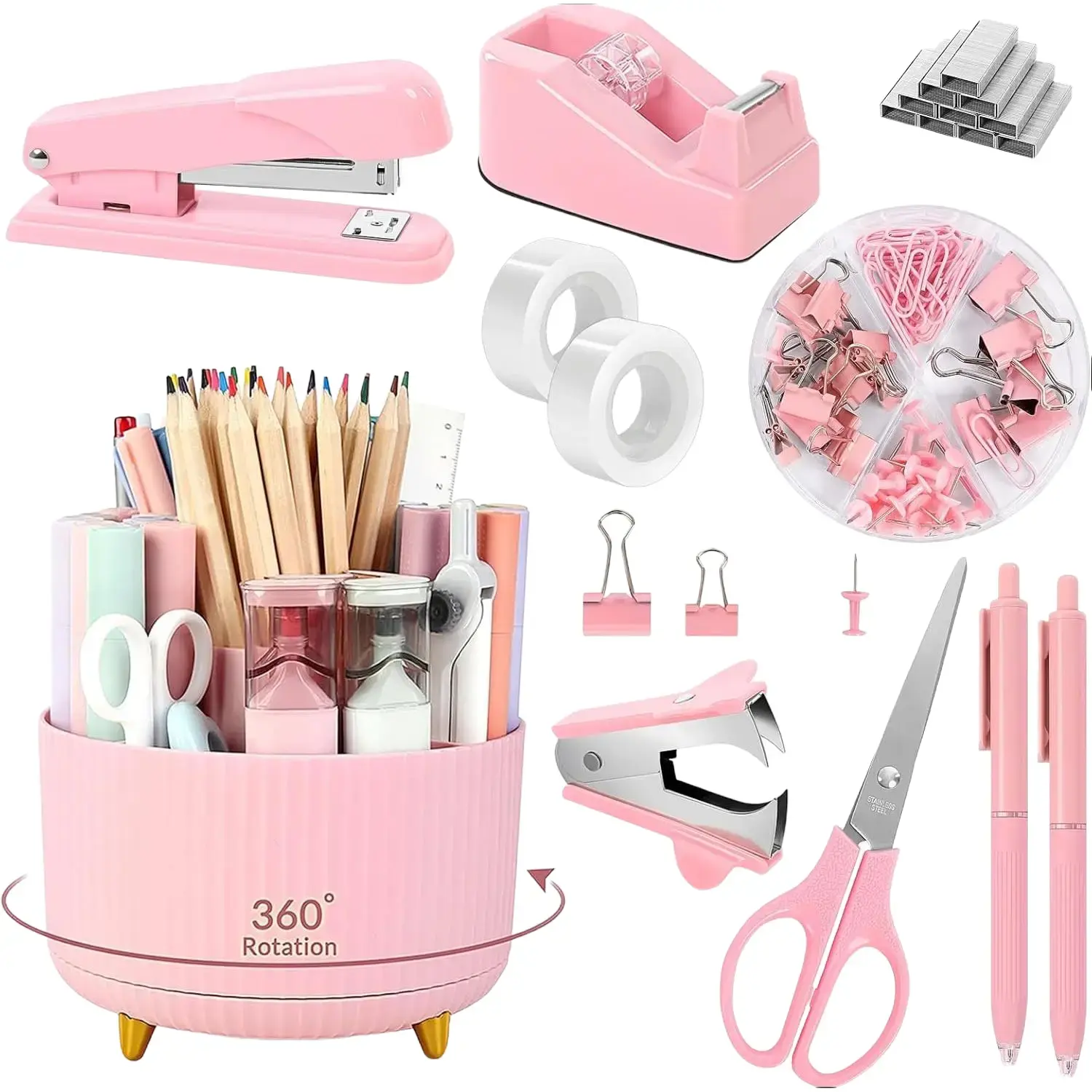 Pink 10-Piece Desktop Stationery Organizer Kit - Rotating Pen Holder, Stapler, Staple Remover, Tape Dispenser, 2 Tape Refills, Binder Paper Clips, Scissors - Back to School Haul, College School Supplies, Stationery Supplies, Desk Accessory for Office, Off