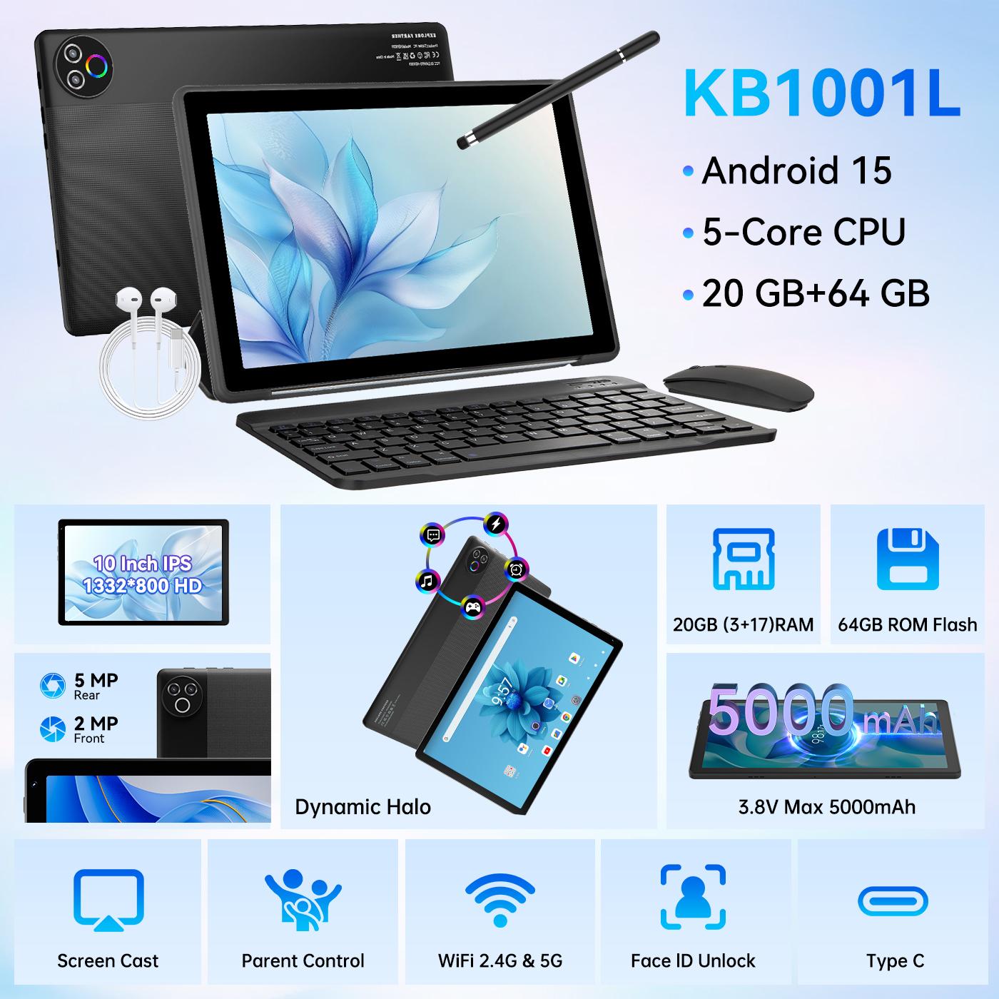 10.1-inch 2-in-1 Android Tablet – Features 64GB internal storage with TF card expansion support, 1280×800 HD display. Bundle includes keyboard, mouse, protective case, stylus, and headphones – Ideal for home and everyday use.