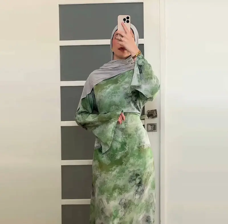 Tie dye print long sleeve belted dress