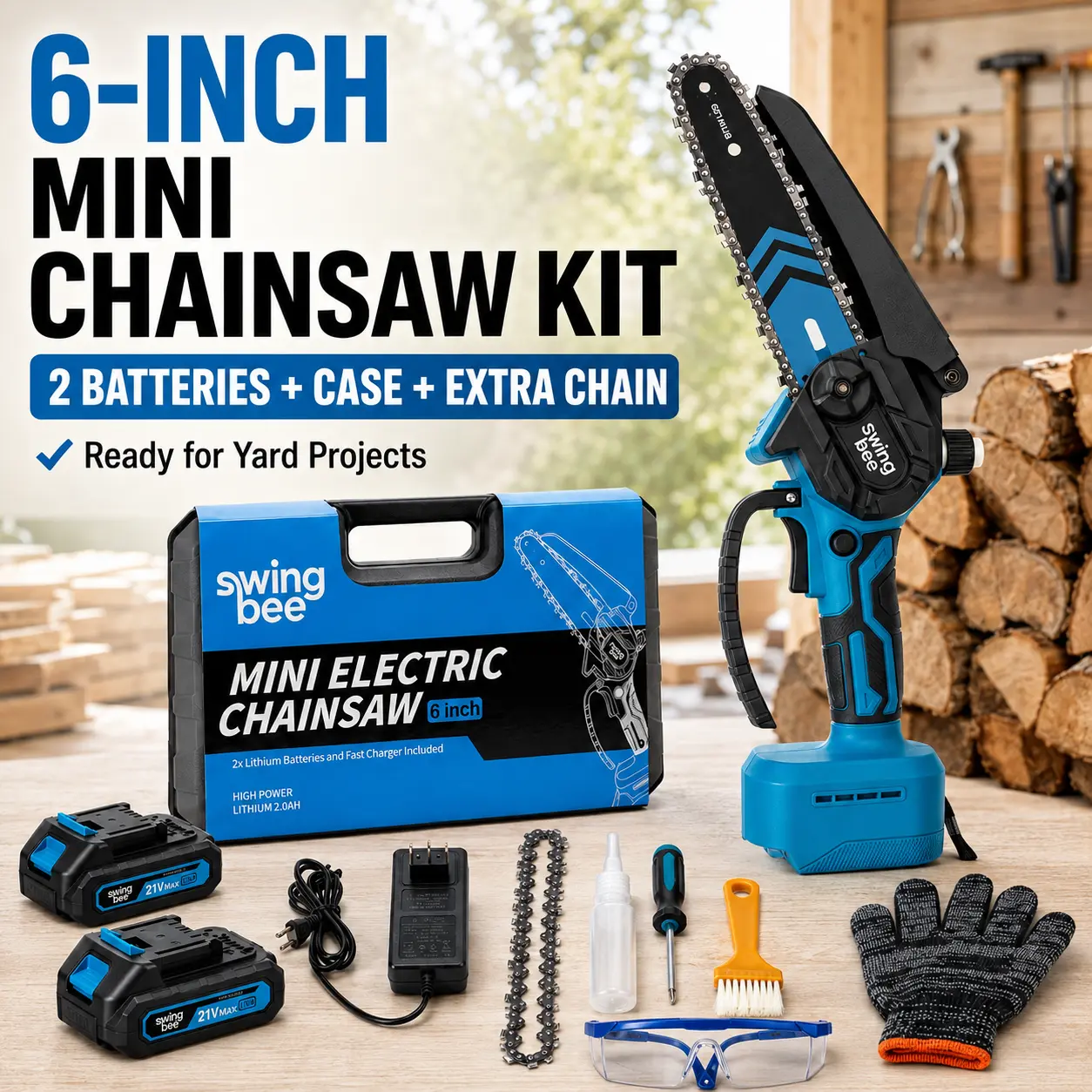 Swingbee 6-Inch Cordless Mini Chainsaw Full Kit, Electric Saw with 2 Batteries, Carrying Case, Extra Chain, Portable for Wood Cuts, Tree Trimming, Garden Pruning, Mini Saw
