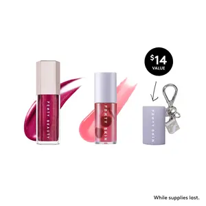 Fenty Beauty Double Gloss Moisturizing Must-Haves: Gloss Bomb Universal Lip Luminizer Lip Gloss, Fenty Treatz Hydrating + Strengthening Lip Oil and Free Gift