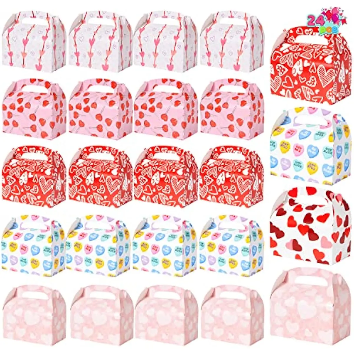 JOYIN 24 Pcs Valentines Day Gift Treat Boxes, Cookie Boxes with Colorful Heart shaped Design for Kids Party Favor, Classroom Exchange Prizes, Valentines Candy Boxes