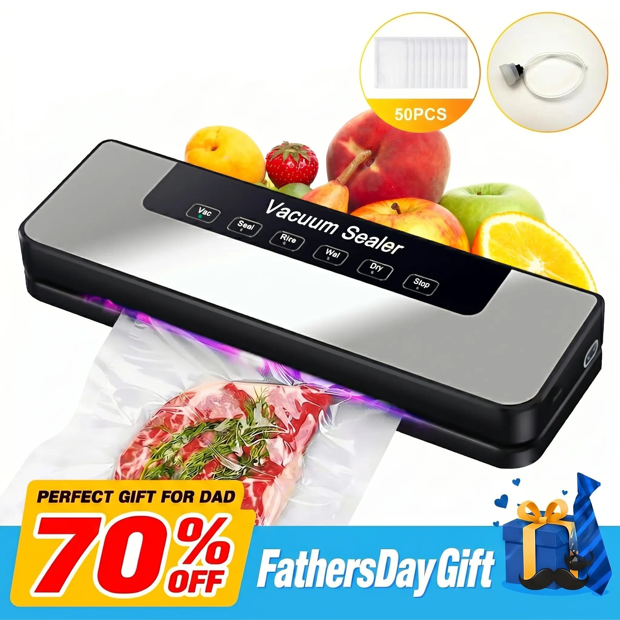 Automatic Sealer Kit (38x17x8 cm, 65kPa) - Compact Corded ABS Plastic Device with 50 Sealing Bags, 1 External Vacuum Hose, Dual Dry/Wet Modes, 6-in-1 Design, Easy Storage, Sous Vide Compatible, 5x Food Freshness Extension, for Kitchen Use, Vacuum Sealer,