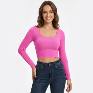 OYV Women's Round Neck Crop Workout Exercise Tops Long Sleeve Shirts Perfect For Woman Athletic Top