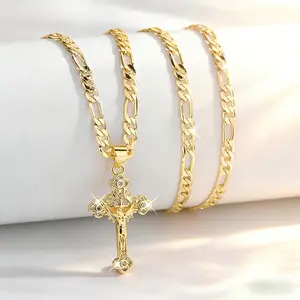A Stylish Brass Necklace Plated with 14K Golden Featuring a Cross Charm, Adorned with Micro-Paved Cubic Zirconia Stones, Perfect for Women to Wear, Ideal As a Gift for Friends, And Suitable for Holiday Gatherings