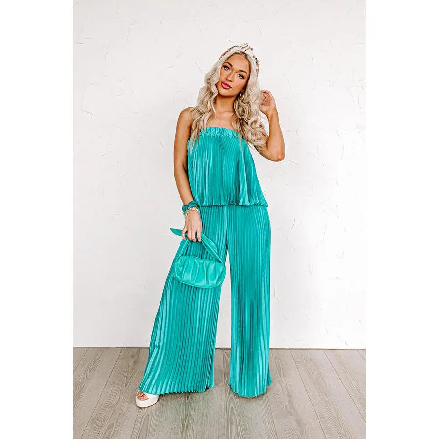 Share The Love Pleated Jumpsuit In Turquoise