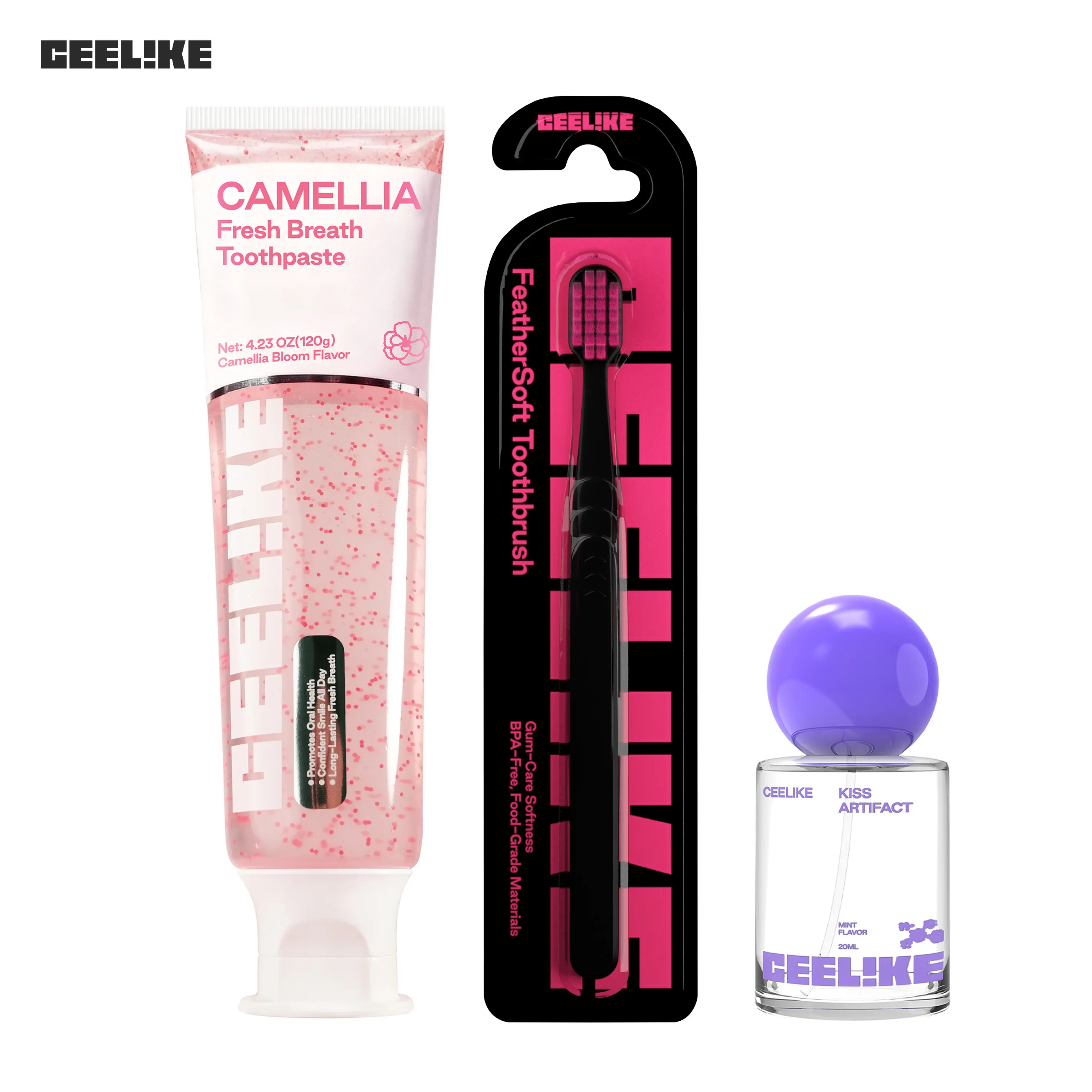 CEELIKE Toothpaste & Toothbrush Care Set | Camellia Fresh Breath Toothpaste + Oral Spray + Feather Soft Toothbrush, Value Pack