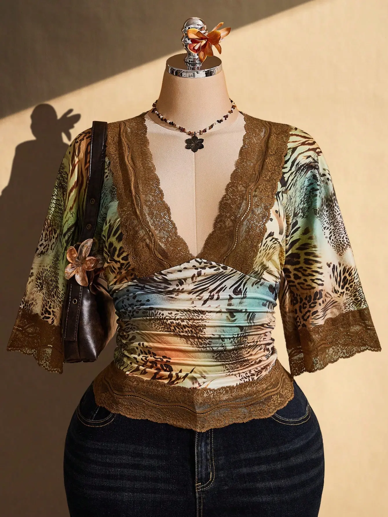 LUSHLACE Plus Size Y2K Vintage Sexy Leopard Print V-Neck Lace Patchwork Flare Sleeve Top Blouse Shirt Going Out Top